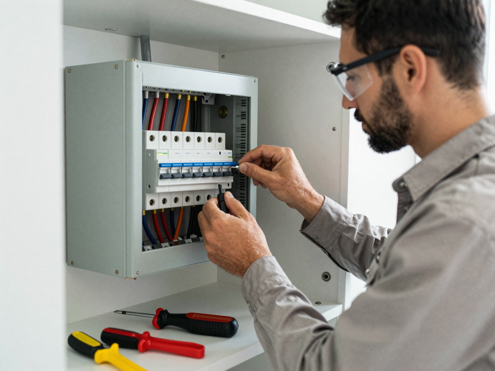 Electrician installing circuit breaker panel